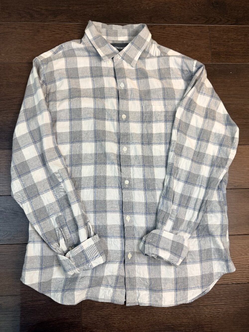 Bonobos Men's XL Slim Fit 100% Cotton Plaid Button Down Shirt Blue Gray White